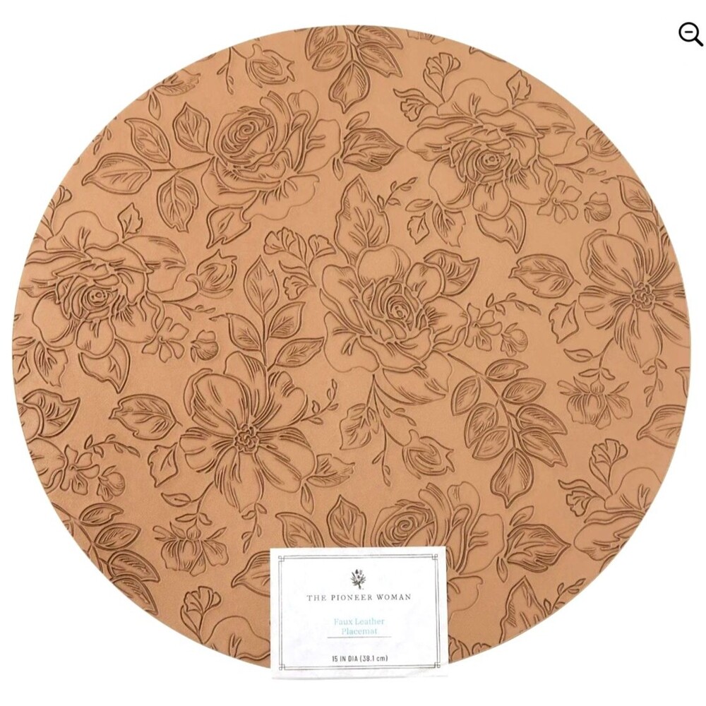 Pioneer Woman Faux Leather Placemat Embossed Floral Brown 15-in Round 2-pc Gift
